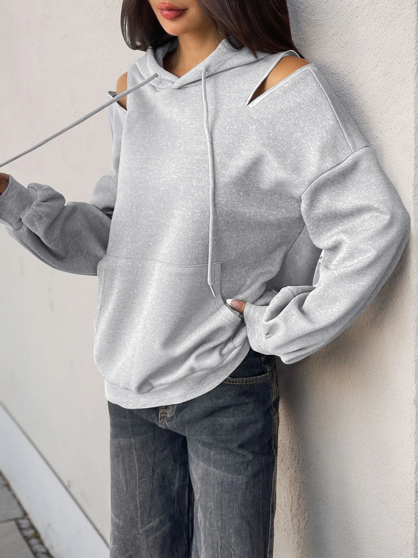 Drawstring Zip Detail Cold Shoulder Hoodie - Fashorio