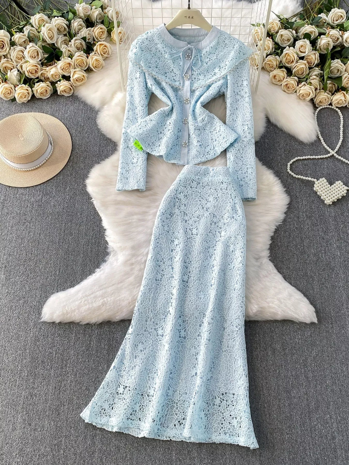 Light blue lace skirt set side profile