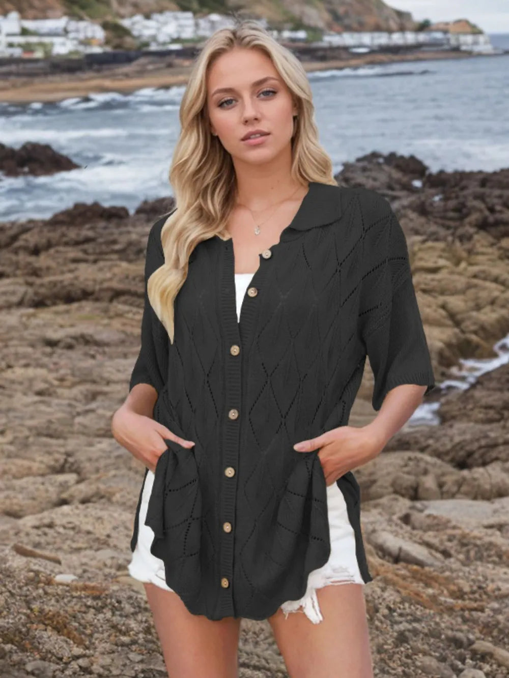 Button Down Eyelet Collared Neck Knit Shirt - Fashorio