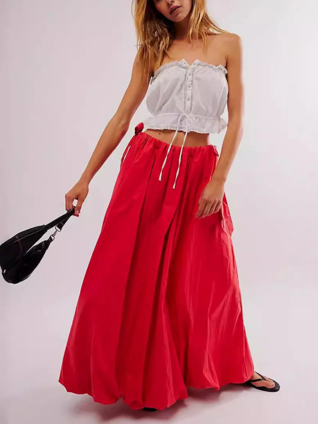 Side Bow Maxi Skirt with Pockets Deep Red - Fashorio
