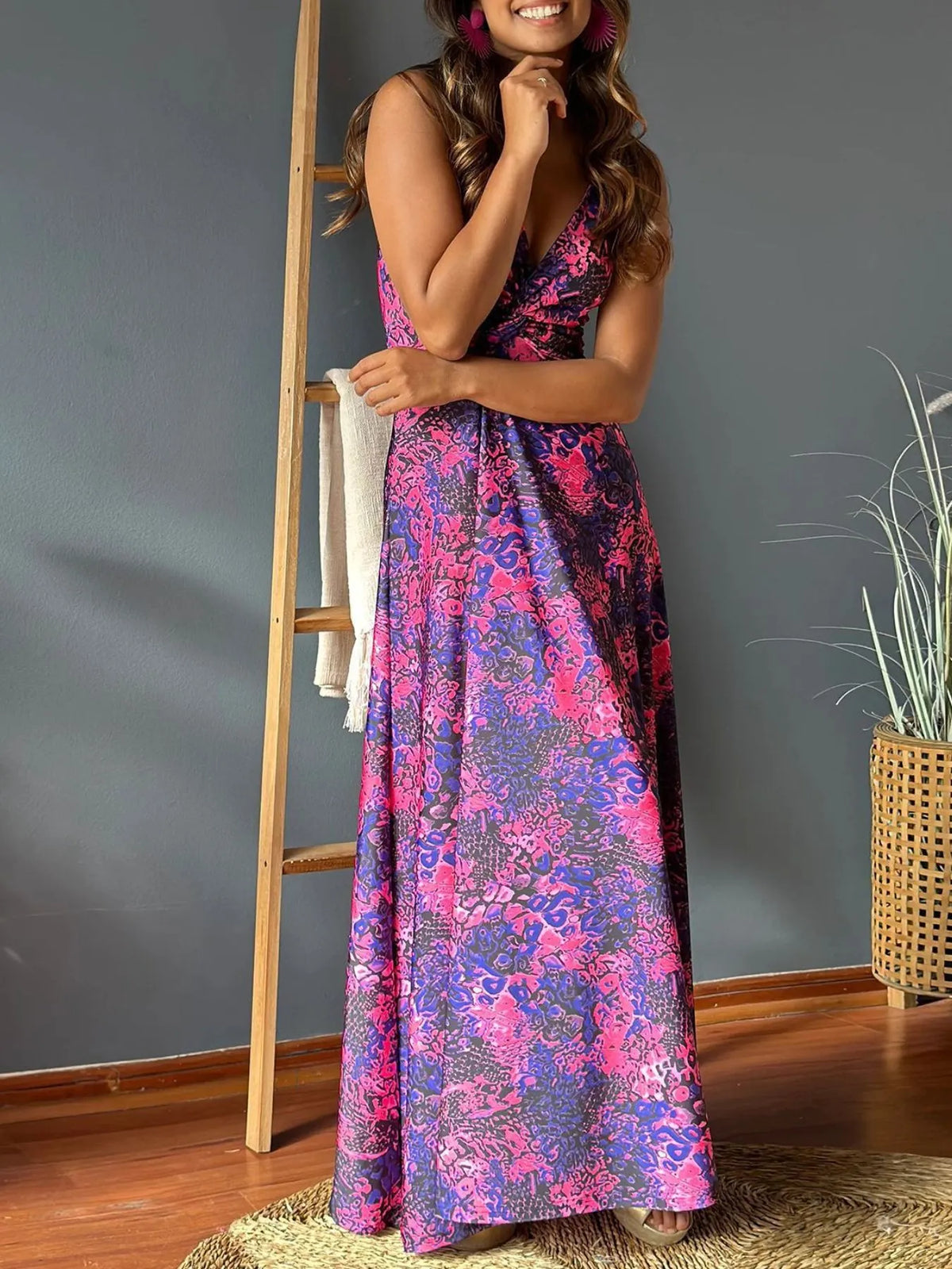 Tropical print v neck maxi dress, skirt movement detail