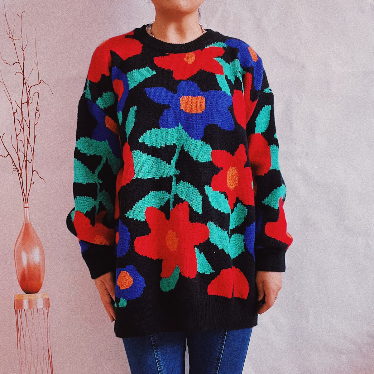 Floral Print Round Neck Drop Shoulder Sweater Black - Fashorio