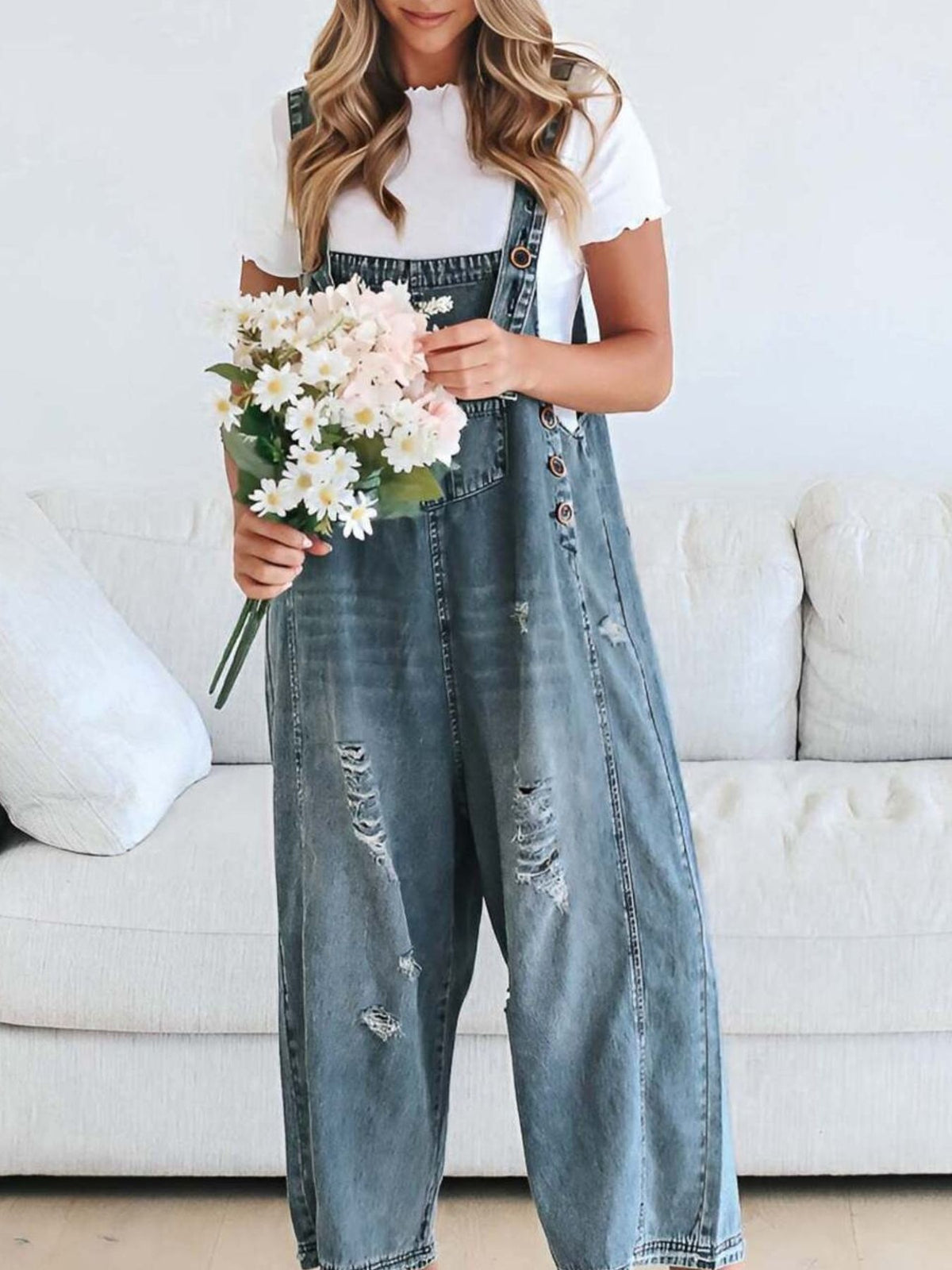 Wide leg overalls distressed detail