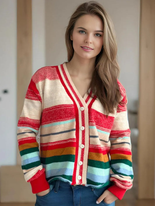 Striped Button Down V-Neck Long Sleeve Cardigan Multicolor One Size - Fashorio