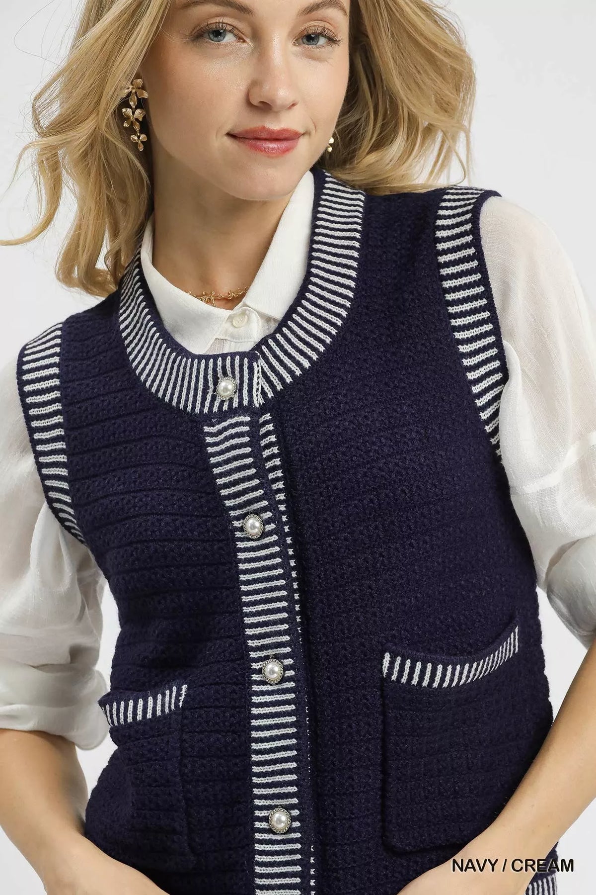 Contrast Stripe Trim Button Down Sweater Vest in Navy and Cream styled look