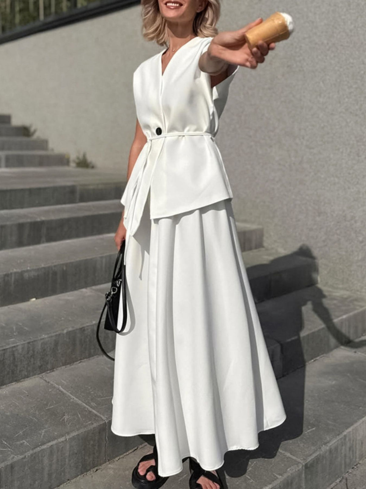 White one button short sleeve top and skirt set front view