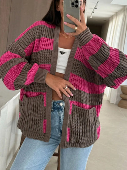 Striped Open Front Long Sleeve Cardigan - Fashorio