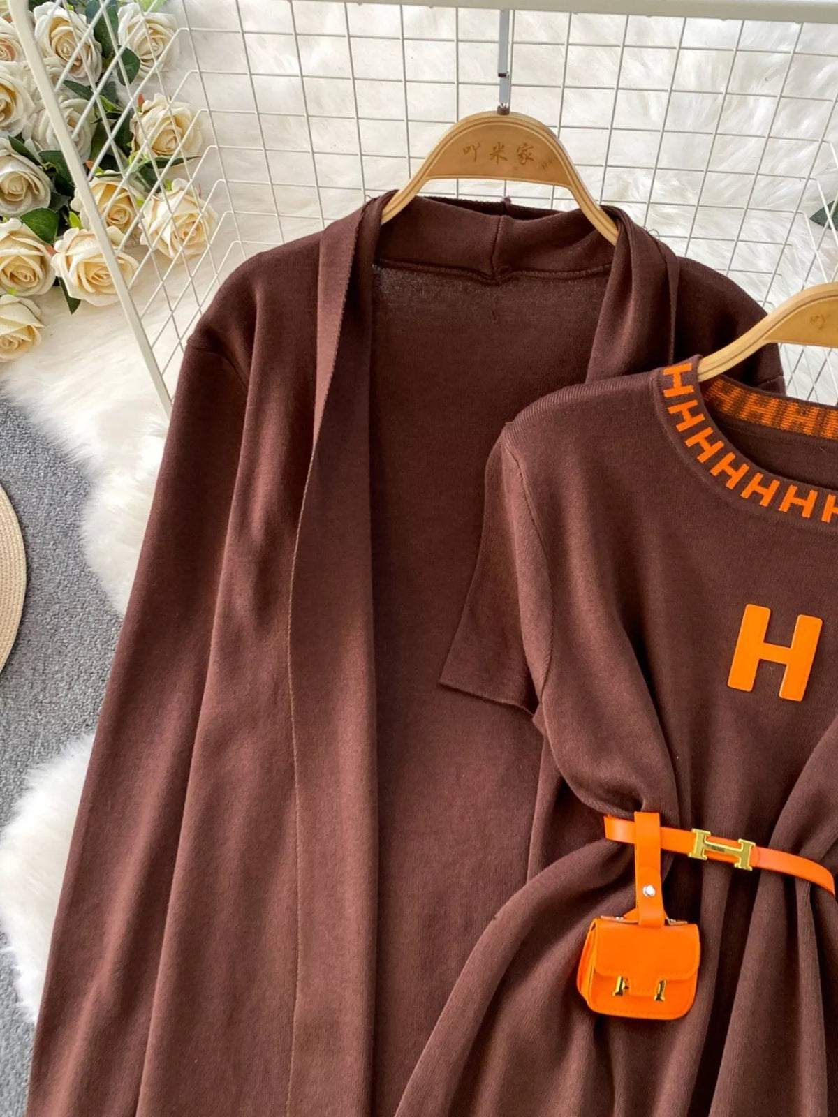 Round Neck Knitted Dress and Cardigan Set, view 14