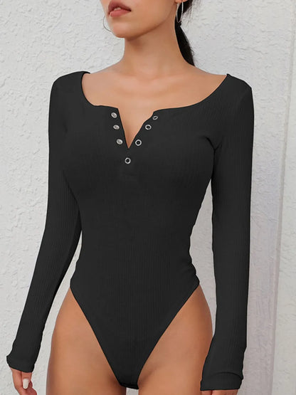 Quarter Snap Ribbed Round Neck Long Sleeve Bodysuit Black - Fashorio
