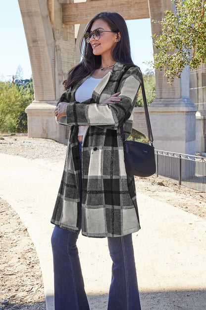 Double Take Full Size Plaid Button Up Lapel Collar Coat - Fashorio