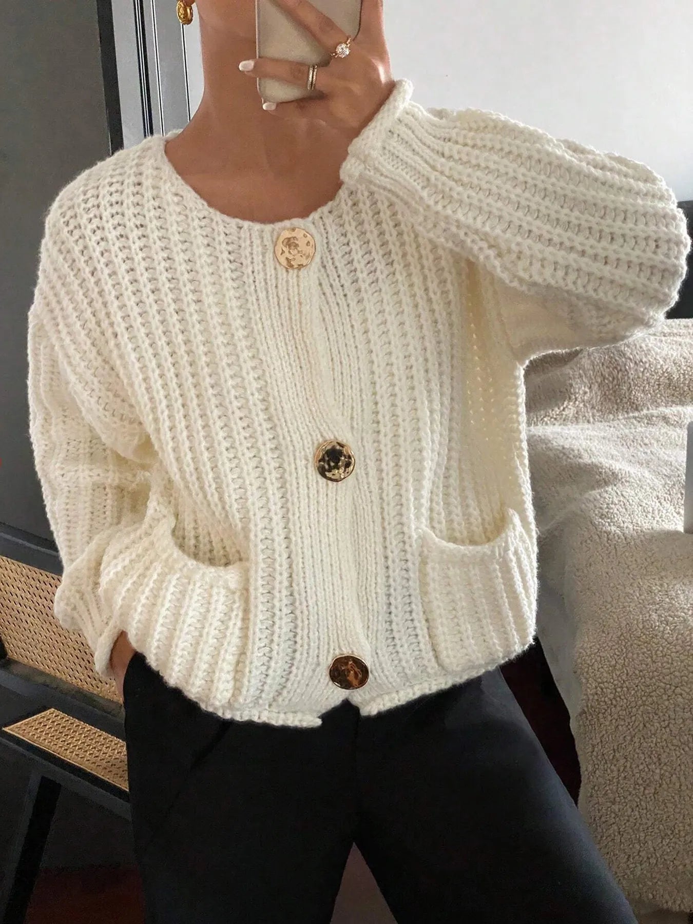 Button-Front Knit Cardigan with Pockets - Fashorio