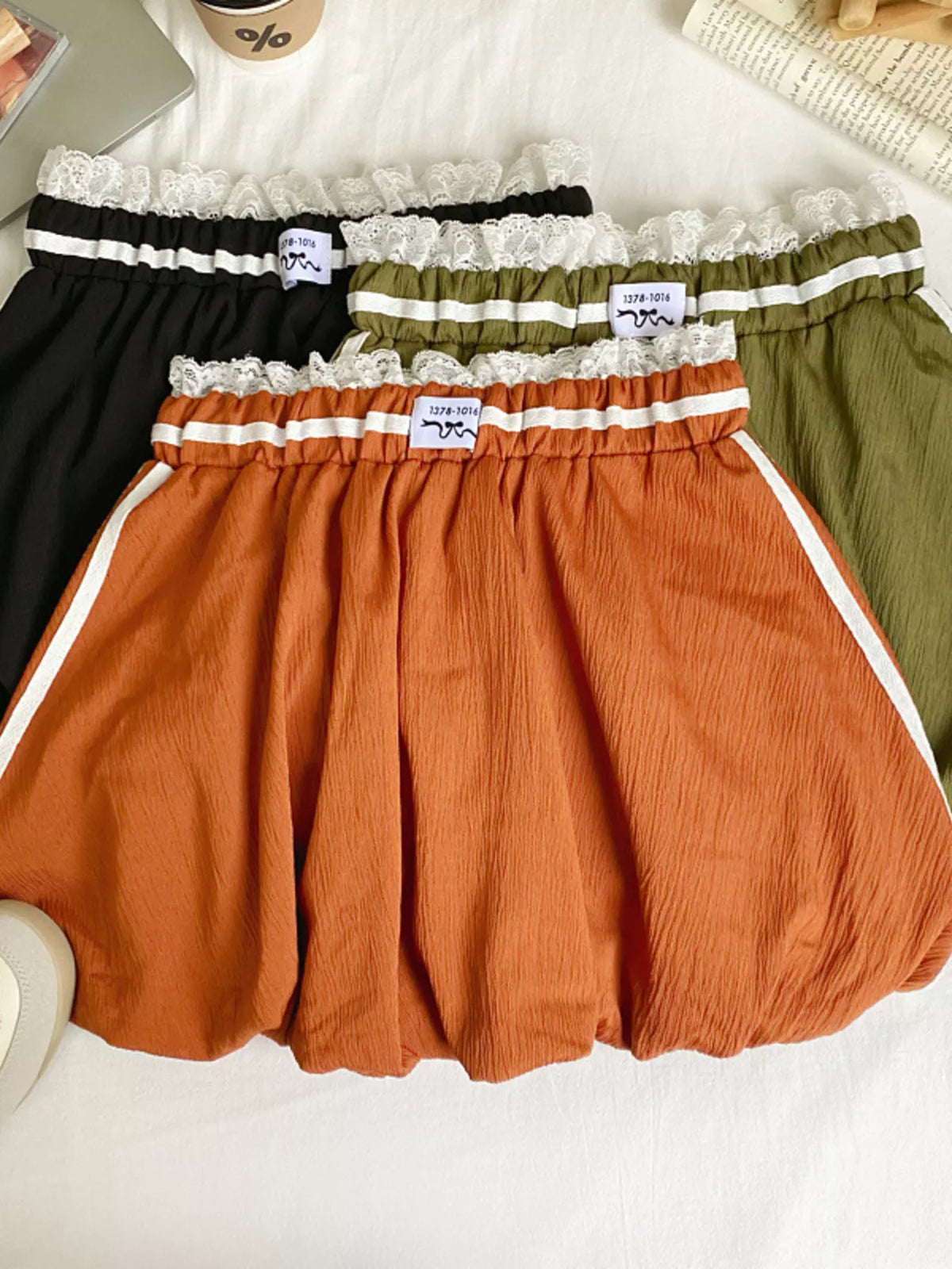 Lace trim elastic waist mini skirt front view
