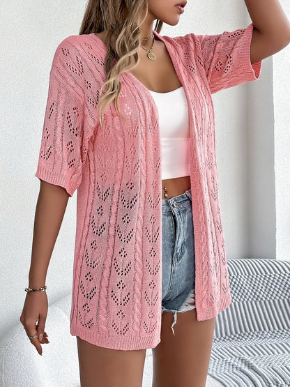 Openwork Open Front Half Sleeve Cardigan - Fashorio