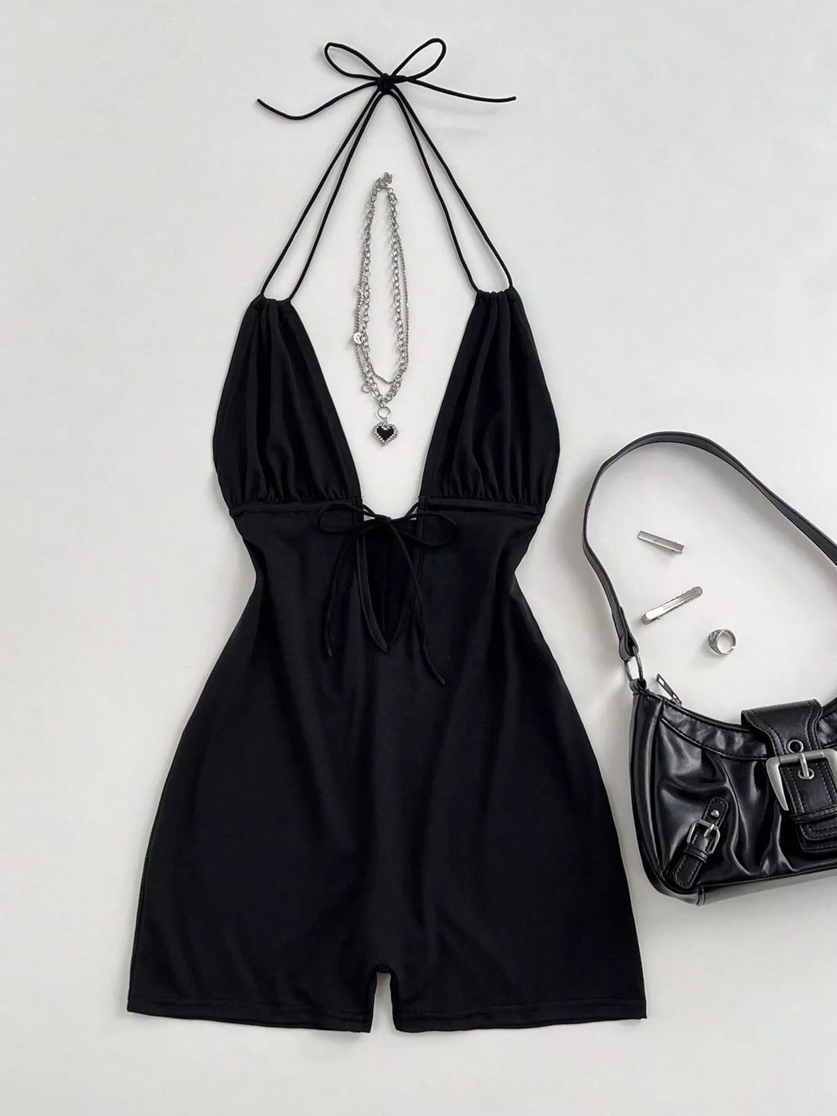 Black halter neck romper full length view