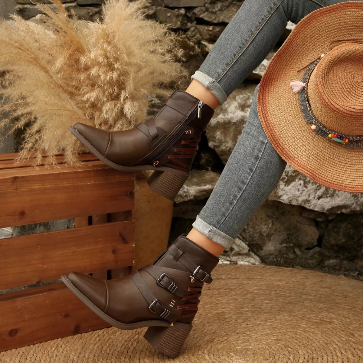 Point Toe Buckle Strap Ankle Boots with Block Heel pair styled together