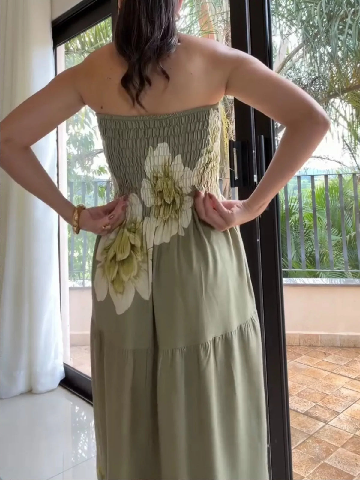 green floral smocked strapless tube maxi dress fabric and print detail