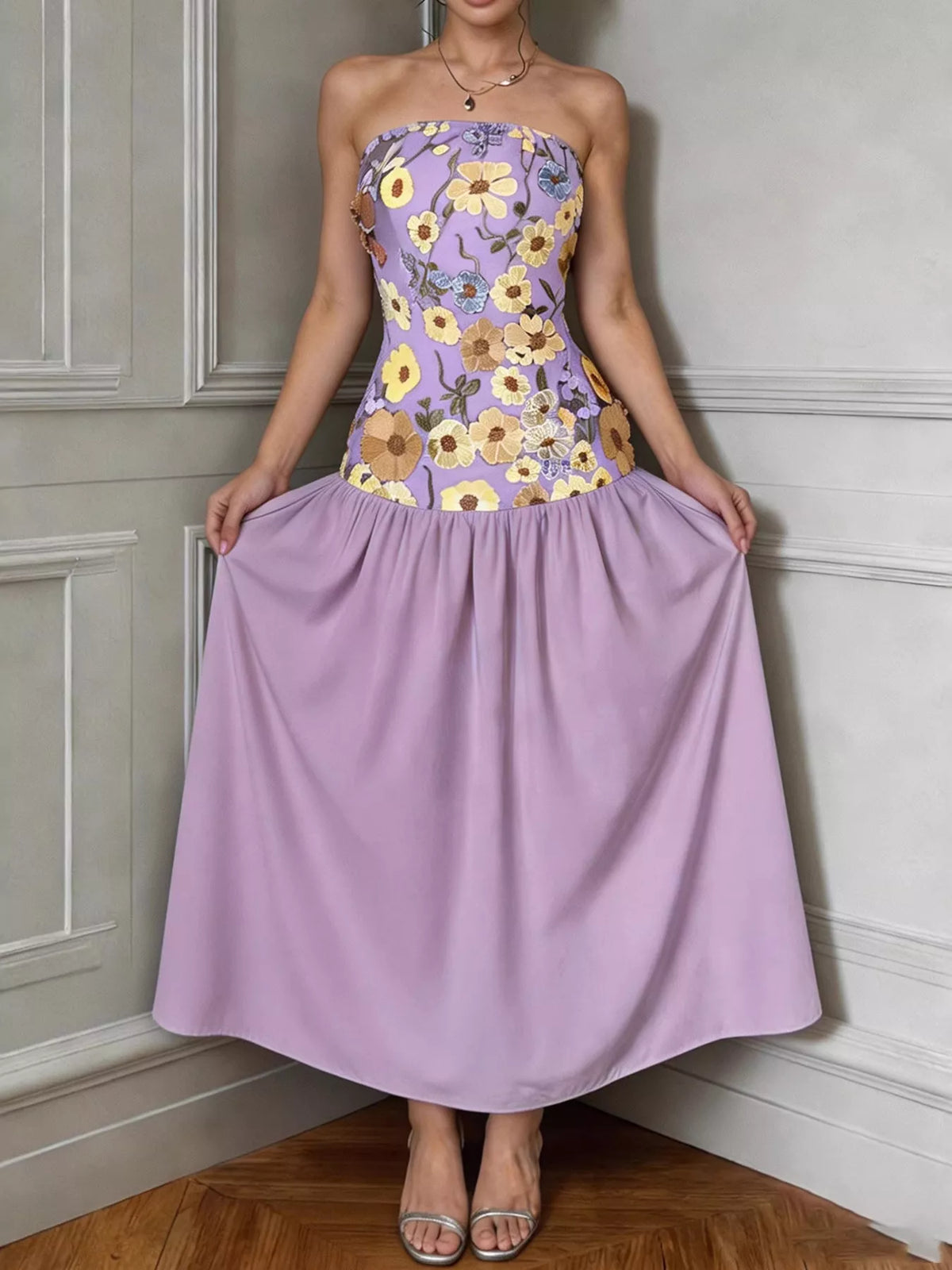 Floral embroidered strapless tube maxi dress close up view