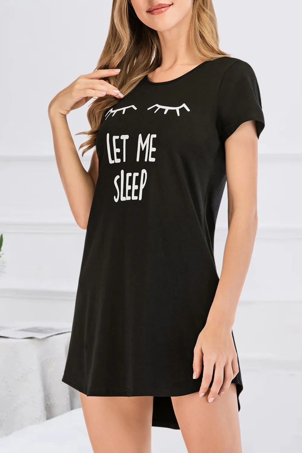Graphic Round Neck Short Sleeve Lounge Dress Black - Fashorio