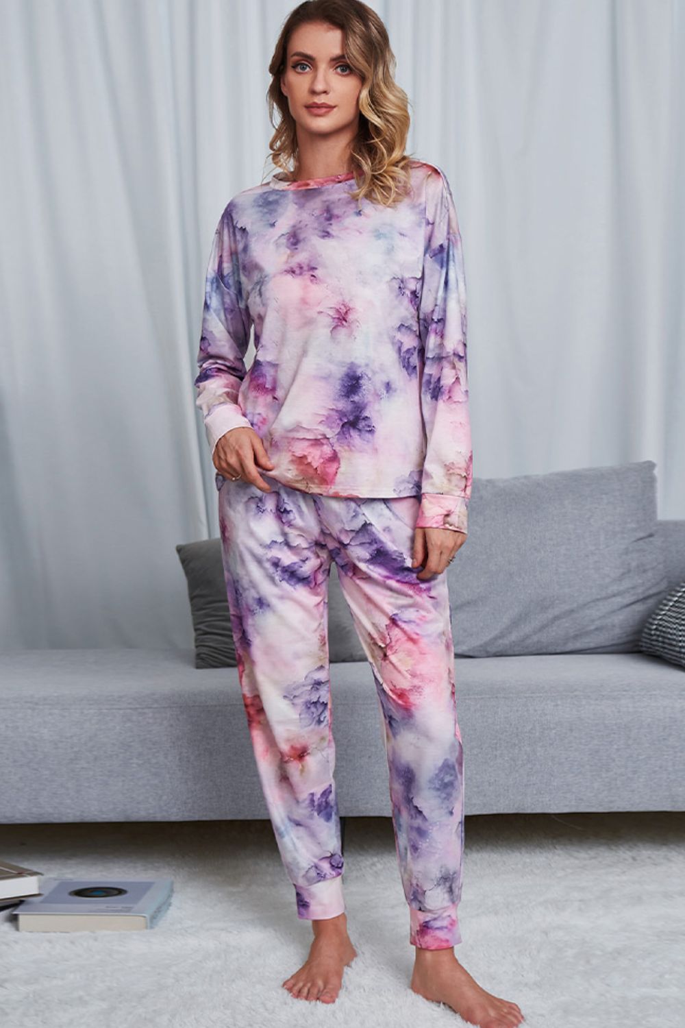 Shiny Tie-Dye Crewneck Top and Drawstring Waist Joggers Lounge Set Pink Purple - Fashorio