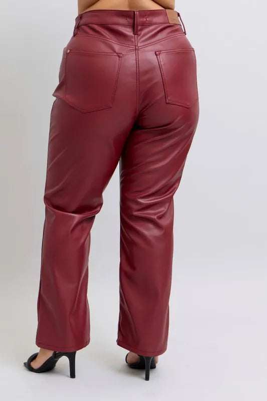 Judy Blue Full Size High Waist Tummy Control Faux Leather Straight Pants Plus Size - Fashorio