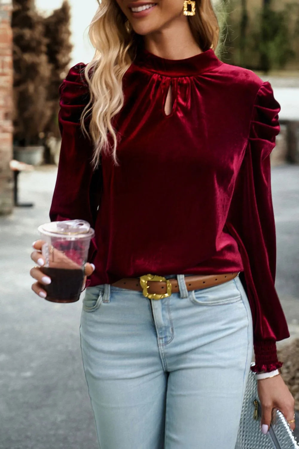 Tie Up Mock Neck Velvet Fabric Long Sleeve Blouse - Fashorio