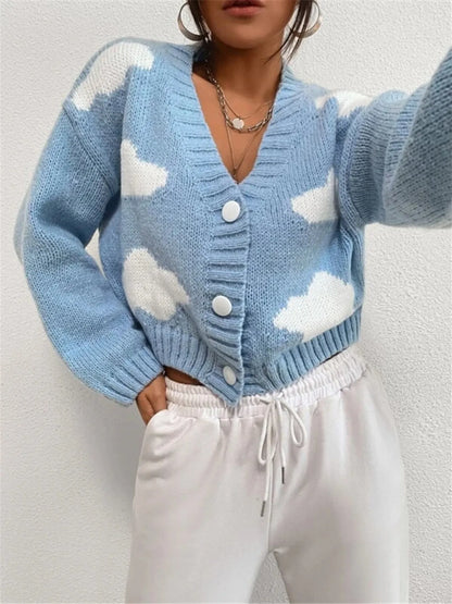 Contrast Cloud Pattern Cropped Button-Up Cardigan Light Blue - Fashorio