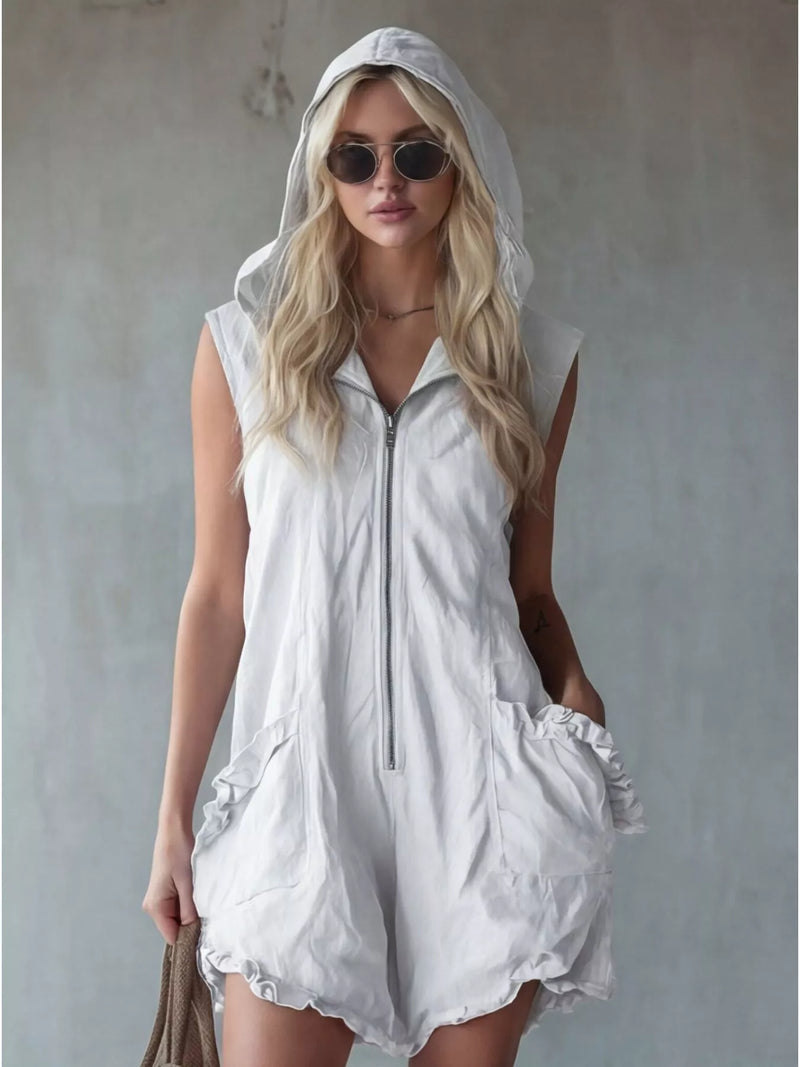 Hooded sleeveless zipper romper with ruffled pockets front view
