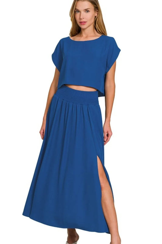 Zenana Heavy Woven Span Crop Tee & Skirt Set LT NAVY - Fashorio