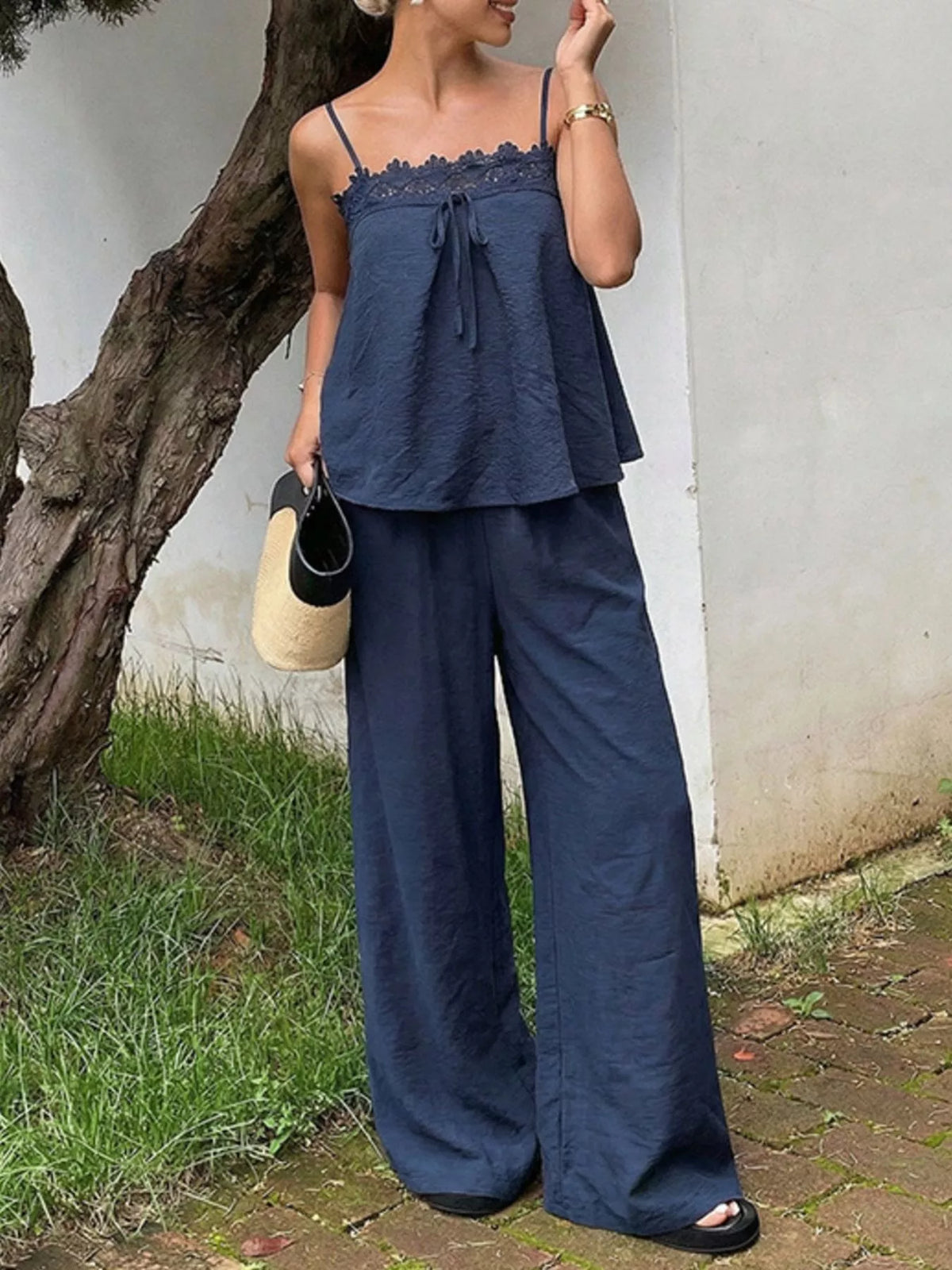 Lace trim cami detail on blue two piece set