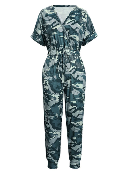Drawstring Waist Short Sleeve Jumpsuit Green Camouflage - Fashorio