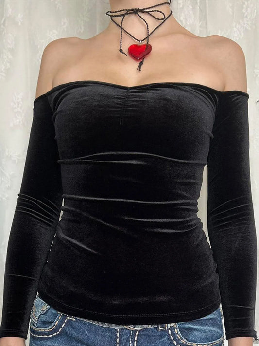 Off-Shoulder Long Sleeve Top Black - Fashorio