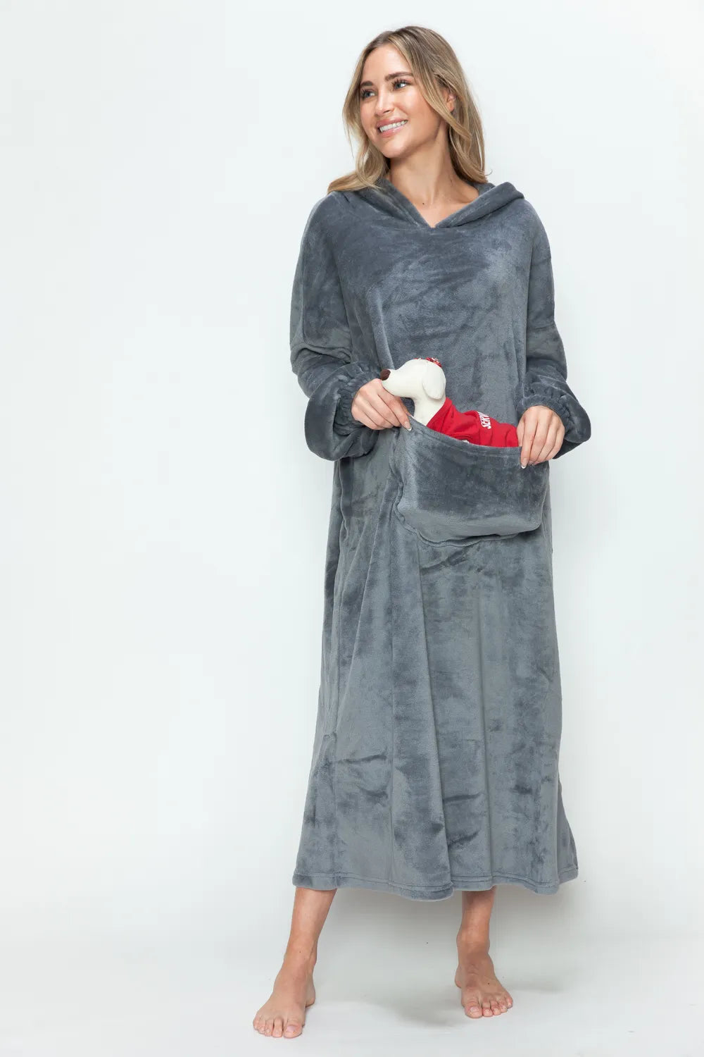 Detail of hood on midi lounge dress