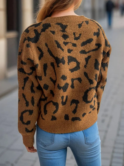 Leopard V-Neck Button Up Cardigan - Fashorio