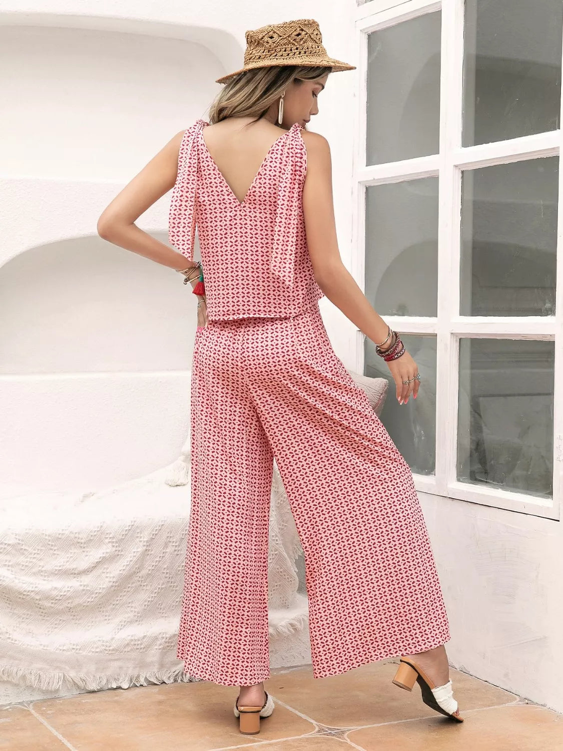 Gingham Tie Shoulder Top and Pants Set side view