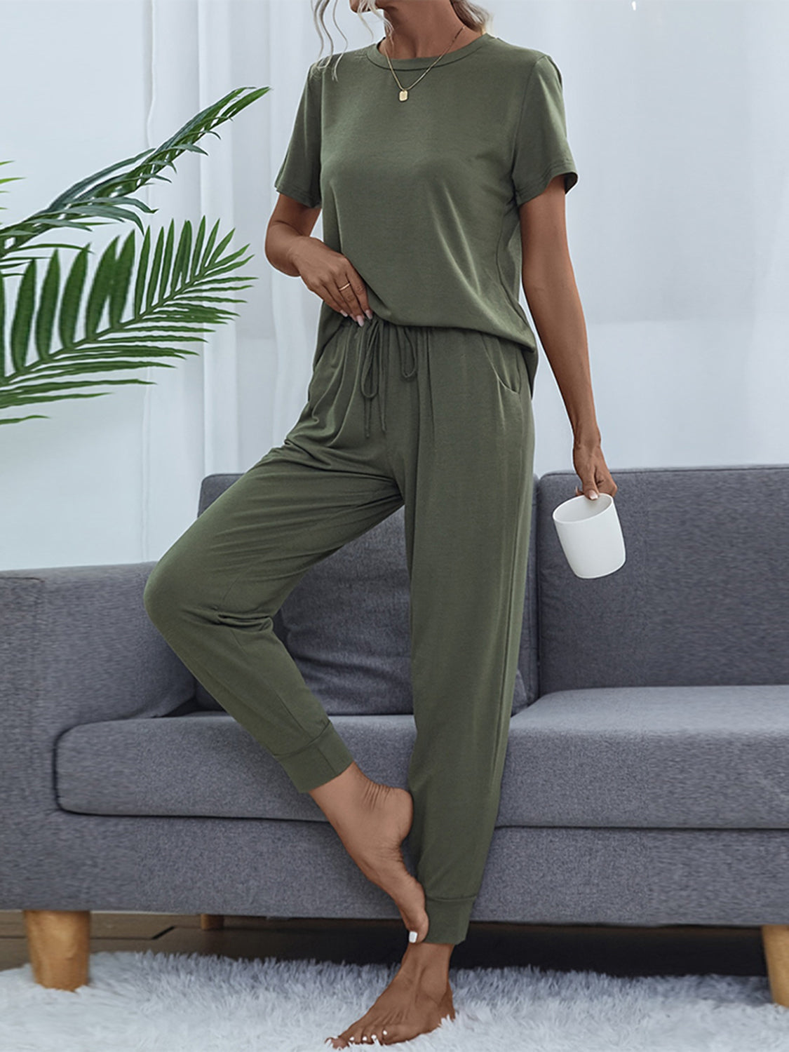 Shiny Round Neck Short Sleeve Top and Pants Set Moss - Fashorio