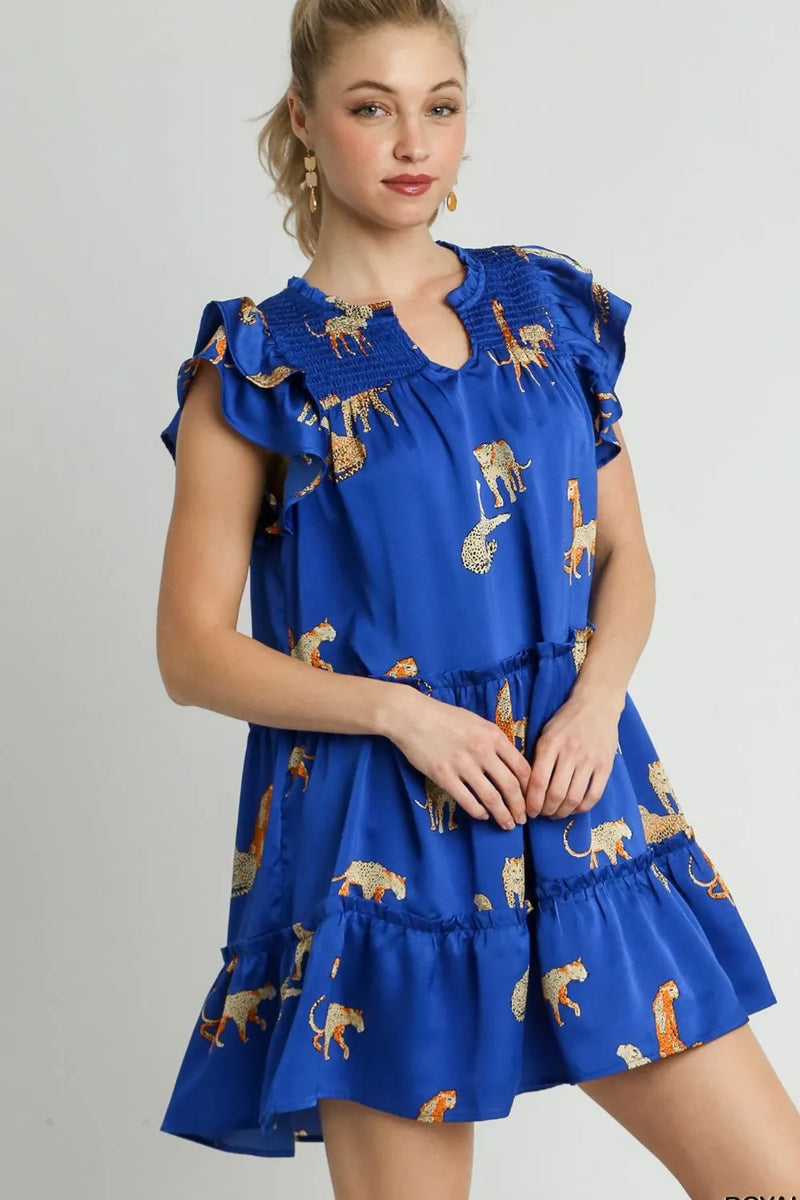 Cheetah Print Notched Ruffle Layered Cap Sleeve Mini Dress