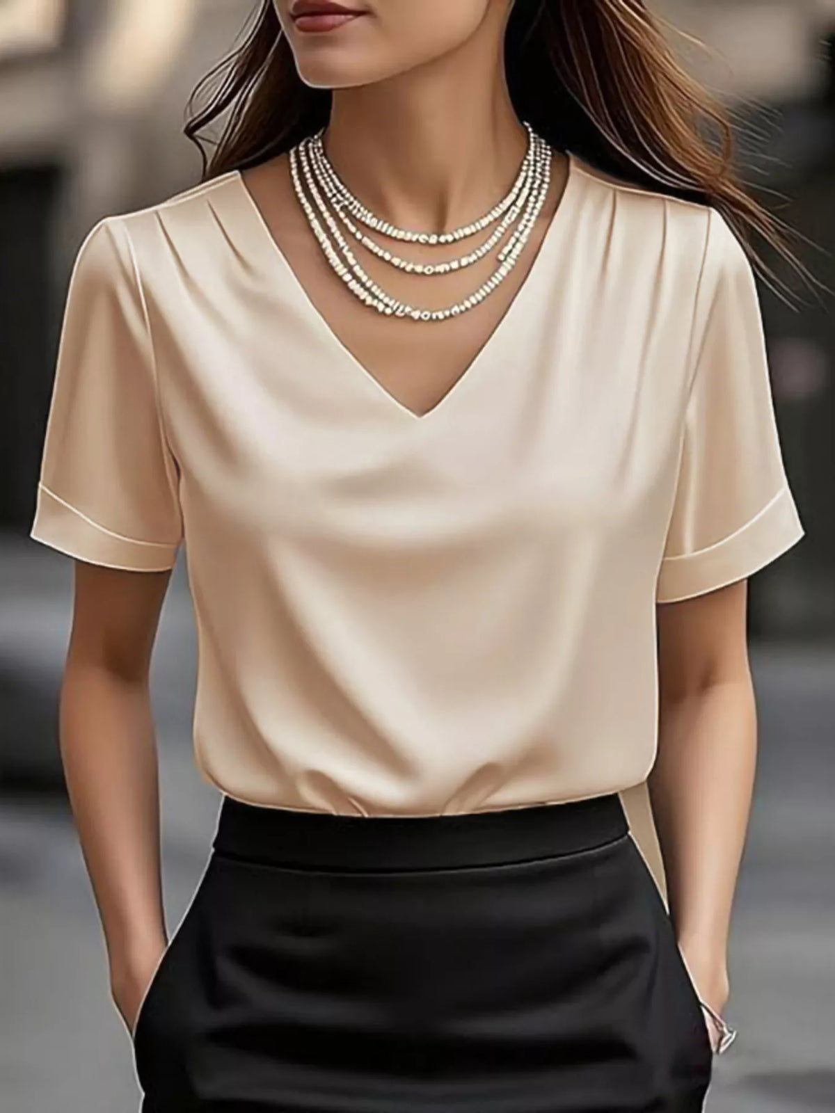 Satin v neck short sleeve blouse side view