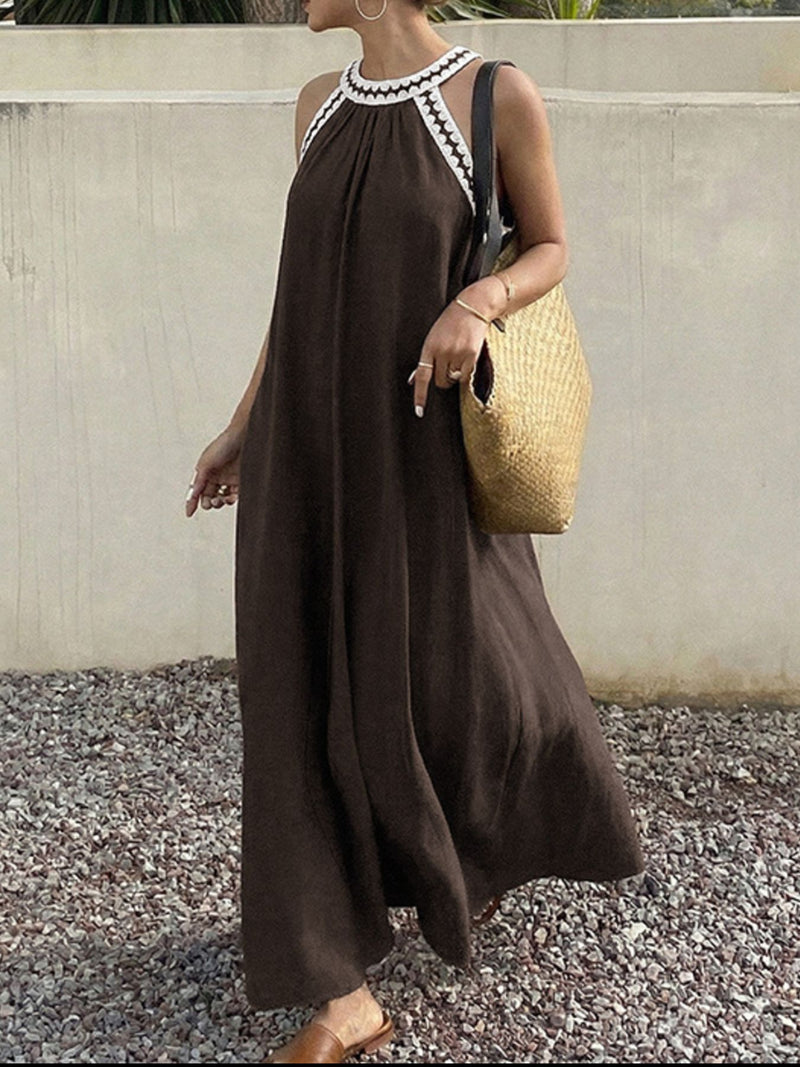 Brown crochet trim sleeveless maxi dress shown on model