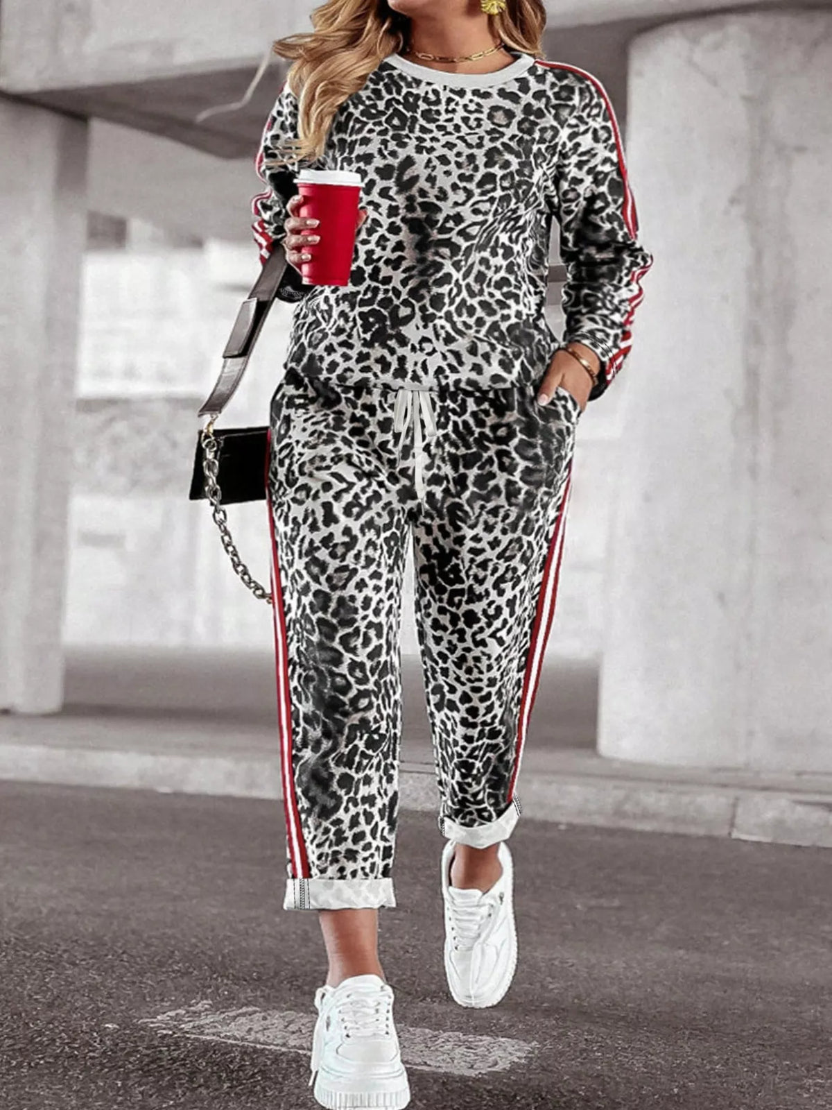 Leopard print long sleeve top and pants two piece set front view