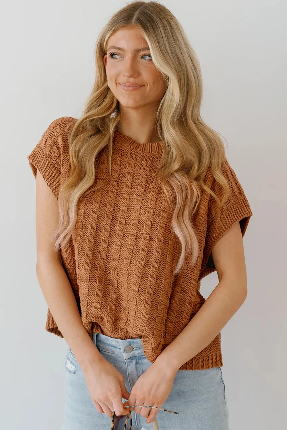 Round Neck Cap Sleeve Sweater Vest in Camel back view