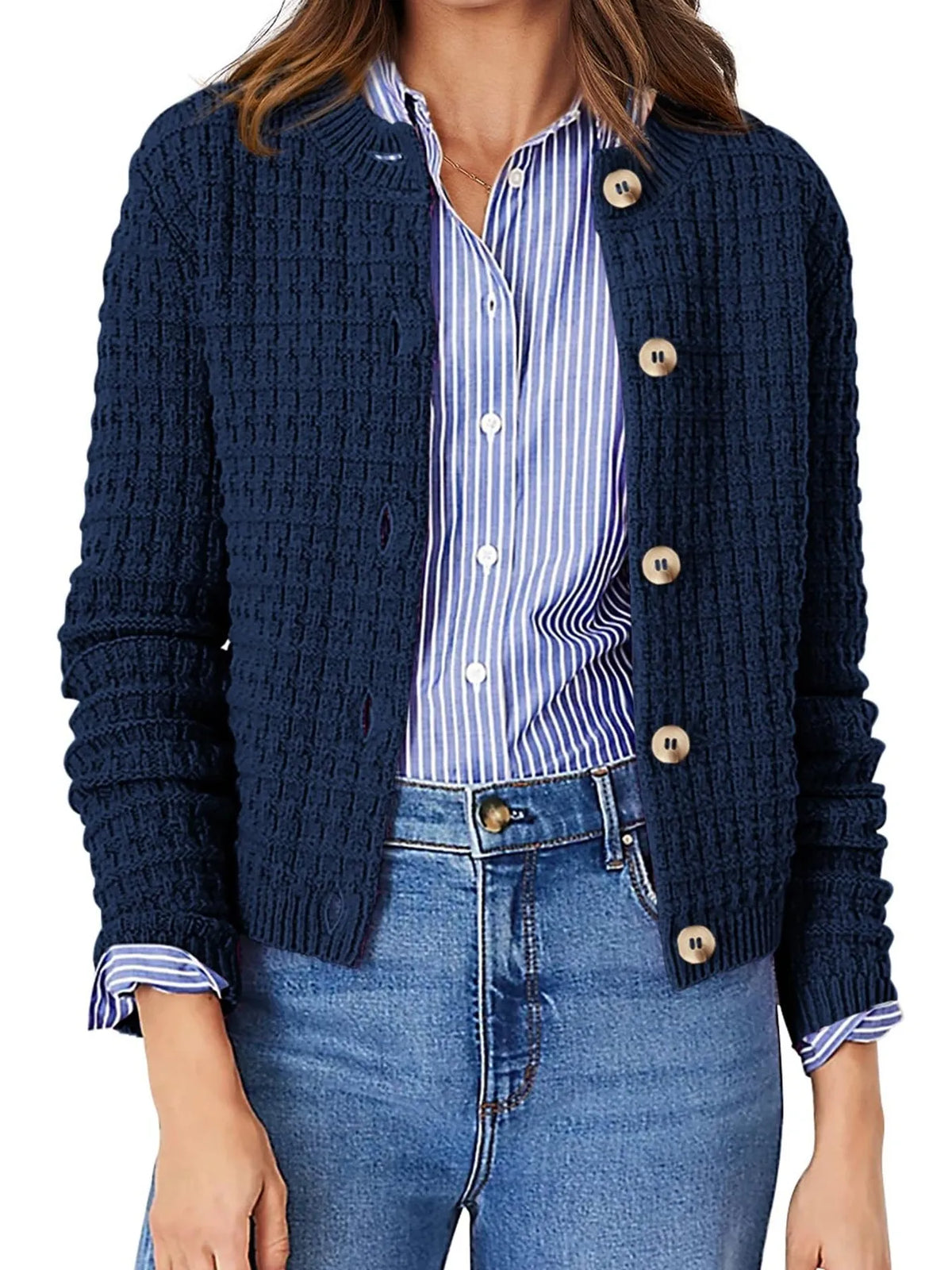Textured knit button front cardigan, close up styling