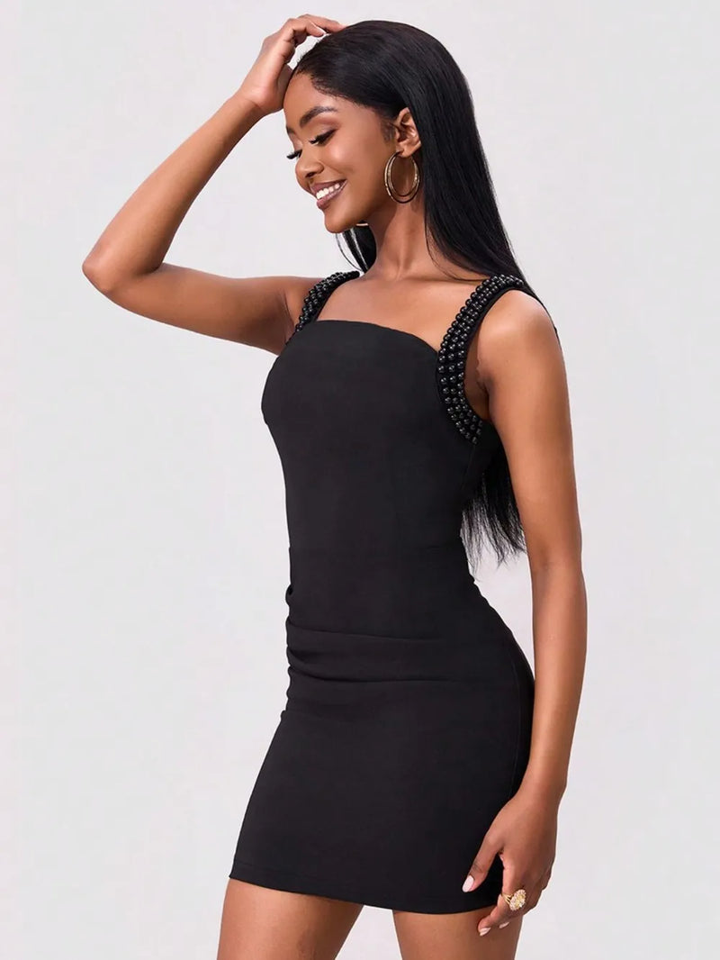 Bead trim wide strap wrap dress front view