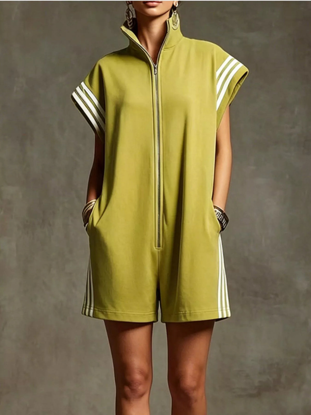 Striped zip front short sleeve romper front view