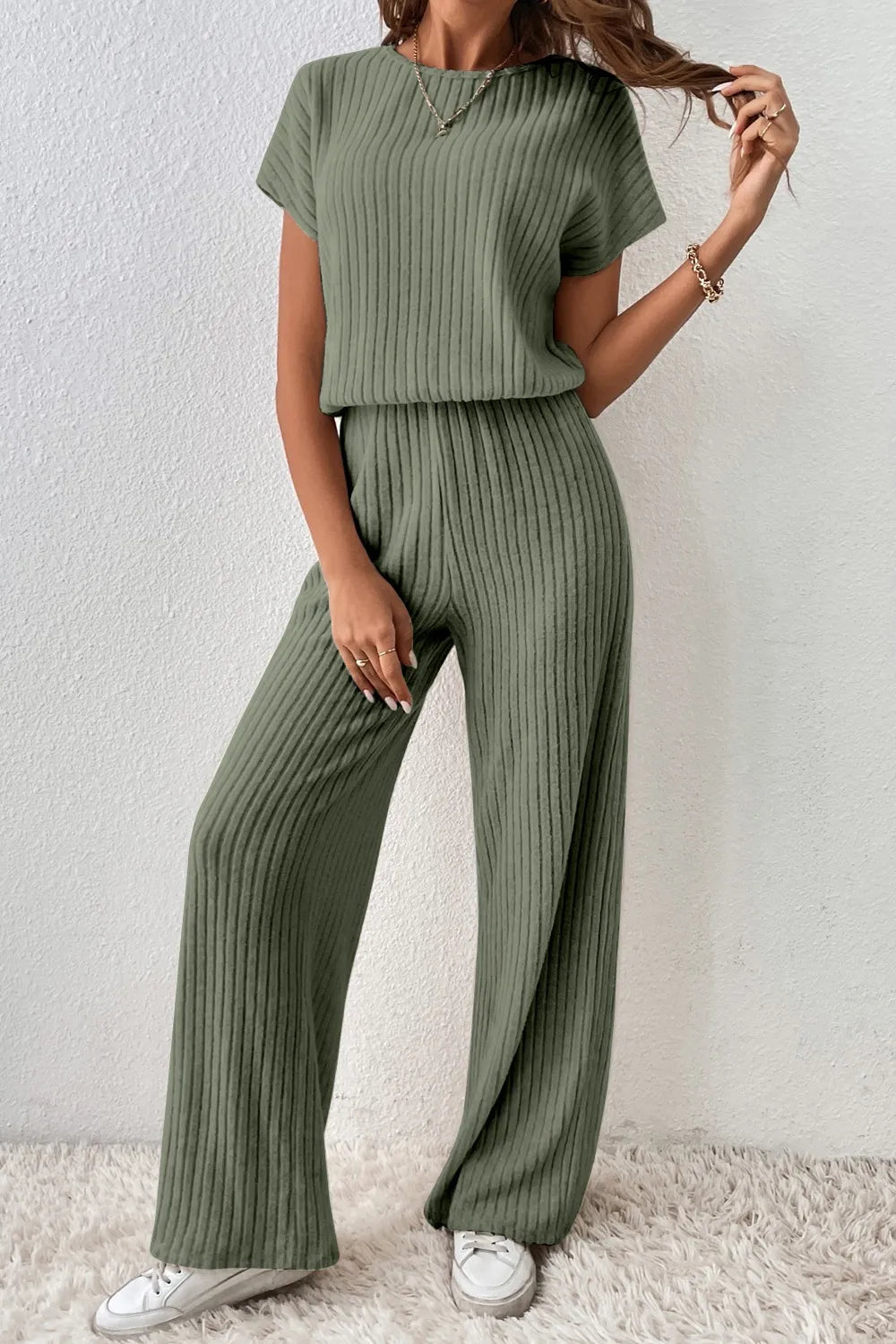 Ribbed Short Sleeve Wide Leg Jumpsuit - Fashorio