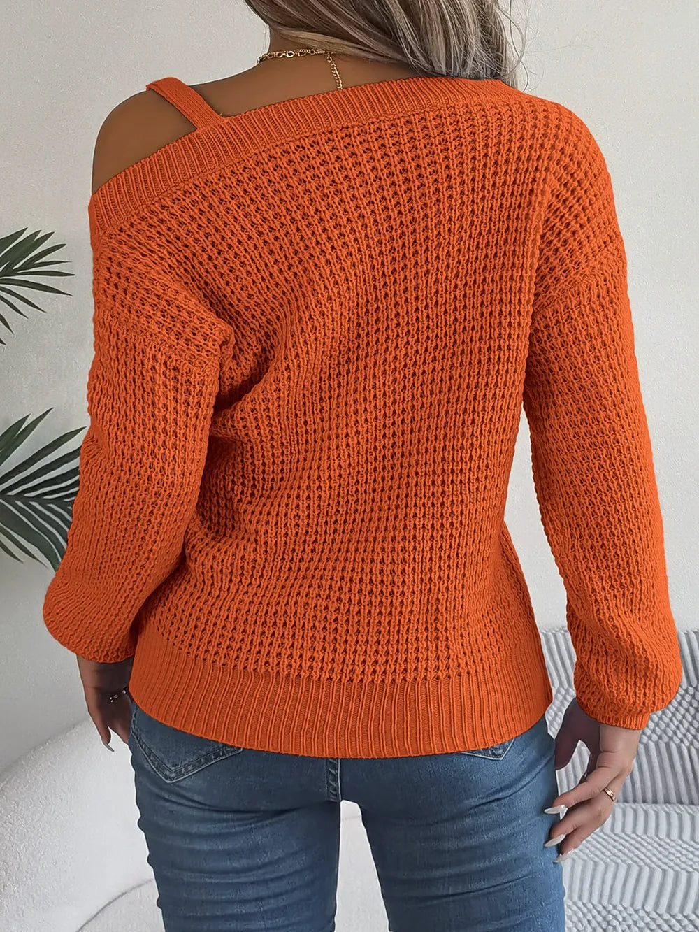 Asymmetrical Neck Long Sleeve Sweater - Fashorio