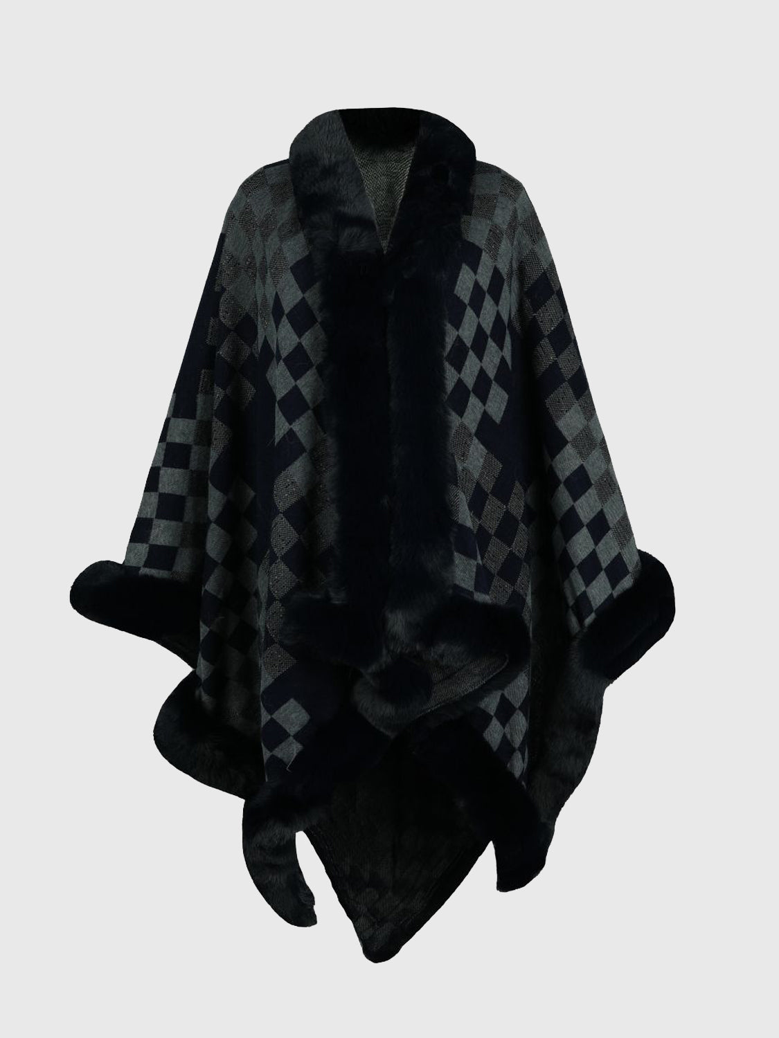 Checkered Faux Fur Trim Poncho Charcoal One Size - Fashorio