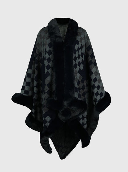 Checkered Faux Fur Trim Poncho Charcoal One Size - Fashorio