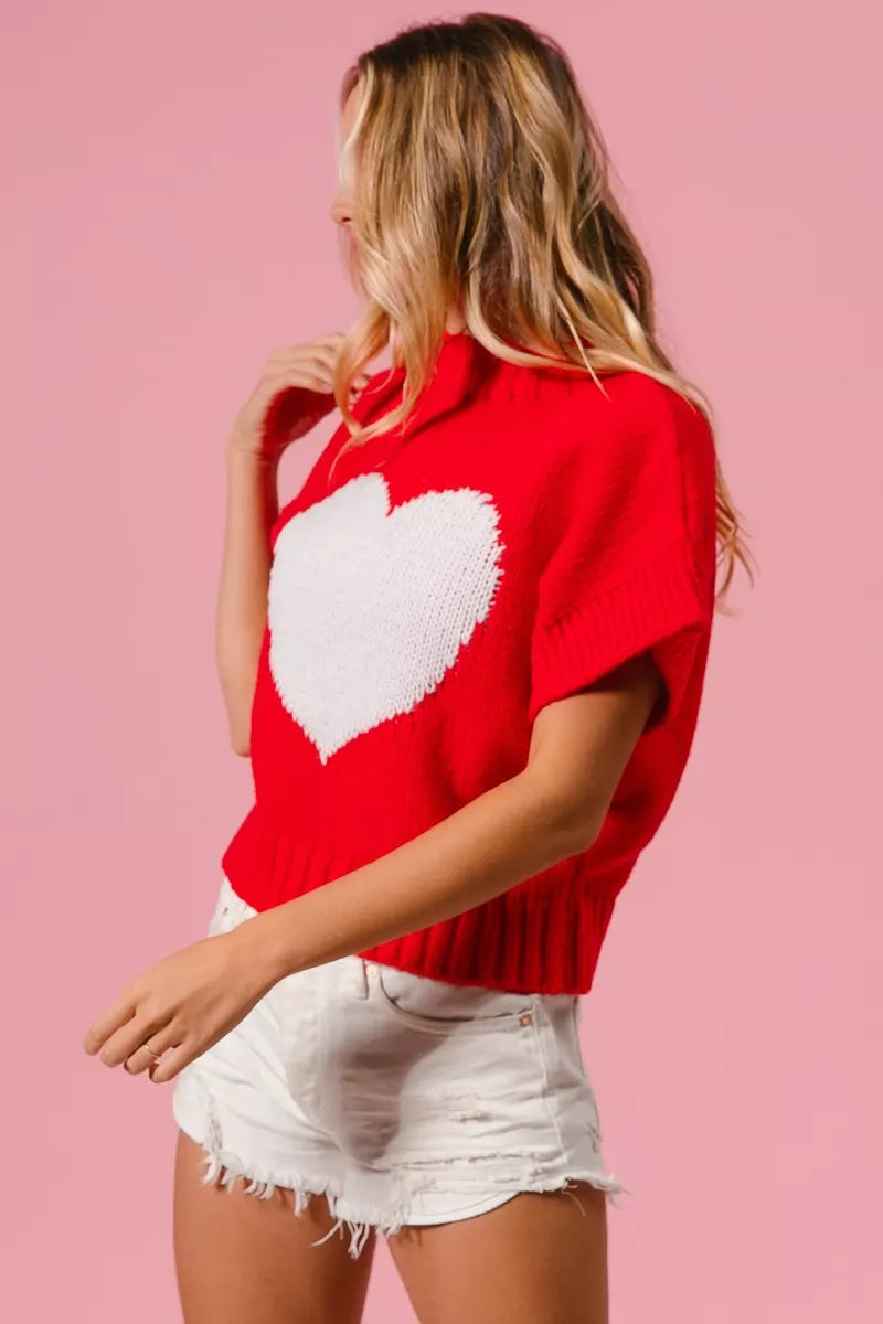 Heart Pattern Rib Banded Sweater in Red and Ivory view 14