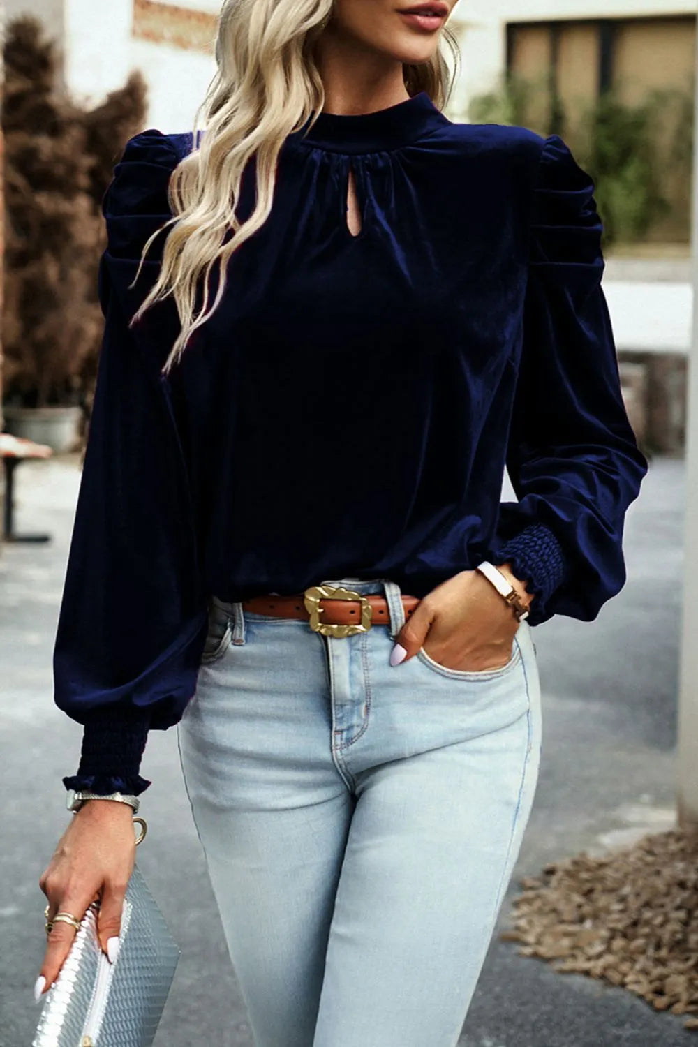 Tie Up Mock Neck Velvet Fabric Long Sleeve Blouse - Fashorio