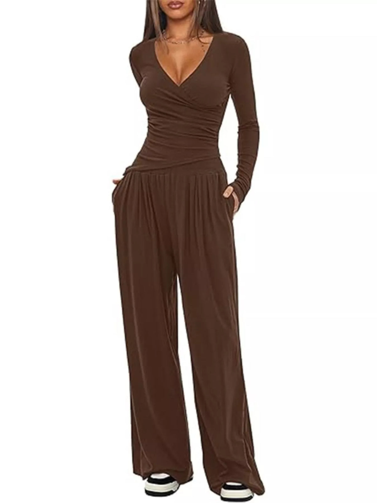 Casual Long Sleeve Top and Wide Leg Pants Set, view 8